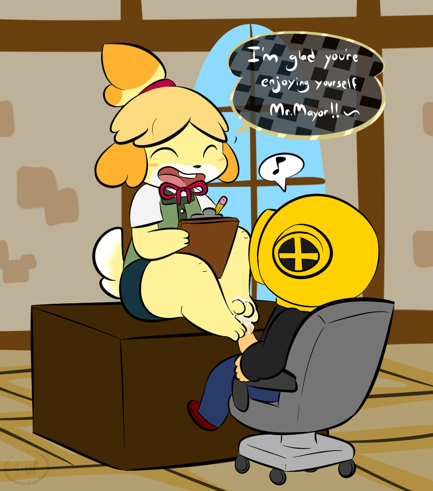 1-upclock animal_crossing canine clothed clothing cum dog duo erection feet female foot_fetish footjob fur hair human isabelle_(animal_crossing) male male/female mammal nintendo orgasm penis simple_background video_games villager