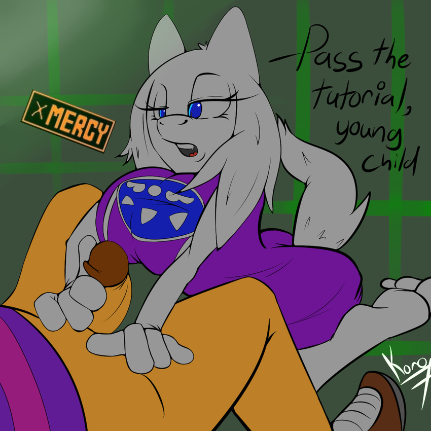 2015 anthro big_breasts breasts butt caprine clothed clothing female frisk fur goat horn human interspecies koro_kizama male mammal mature_female monster simple_background text toriel undertale video_games white_fur