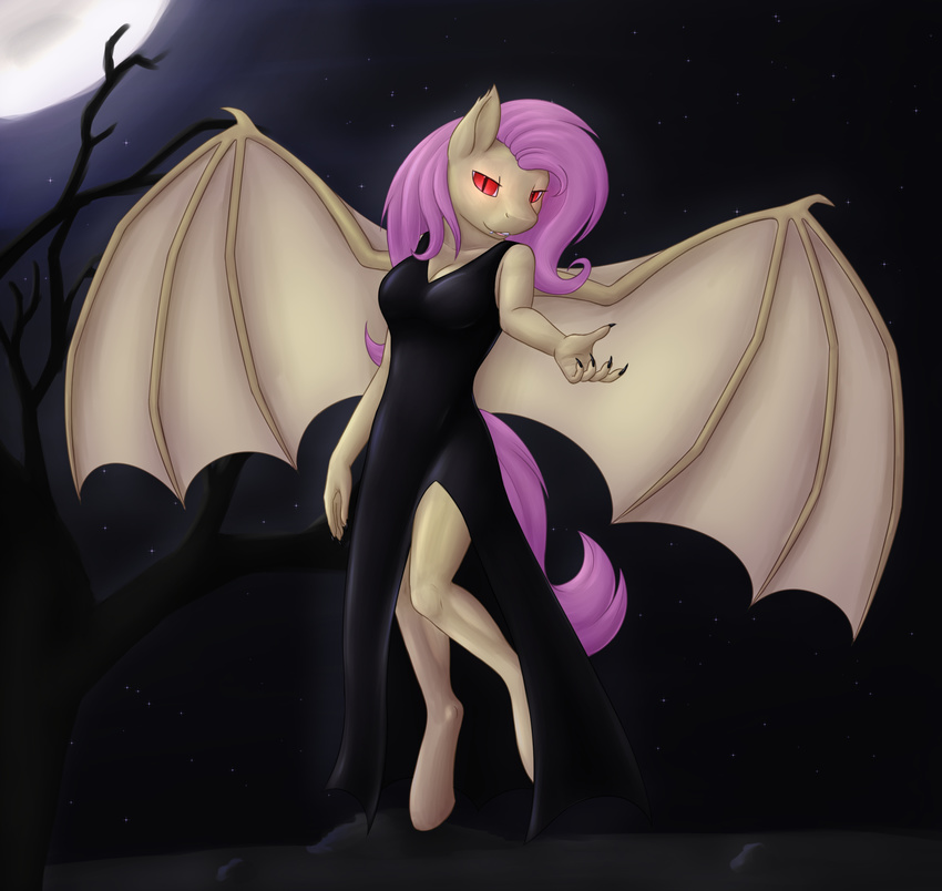 2015 anthro anthrofied bat_pony bat_wings big_wings black_clothing black_dress cleavage clothed clothing daf dress equine female flutterbat_(mlp) fluttershy_(mlp) friendship_is_magic hair long_hair looking_at_viewer mammal moon my_little_pony night outside pink_hair red_eyes smile solo tree wings