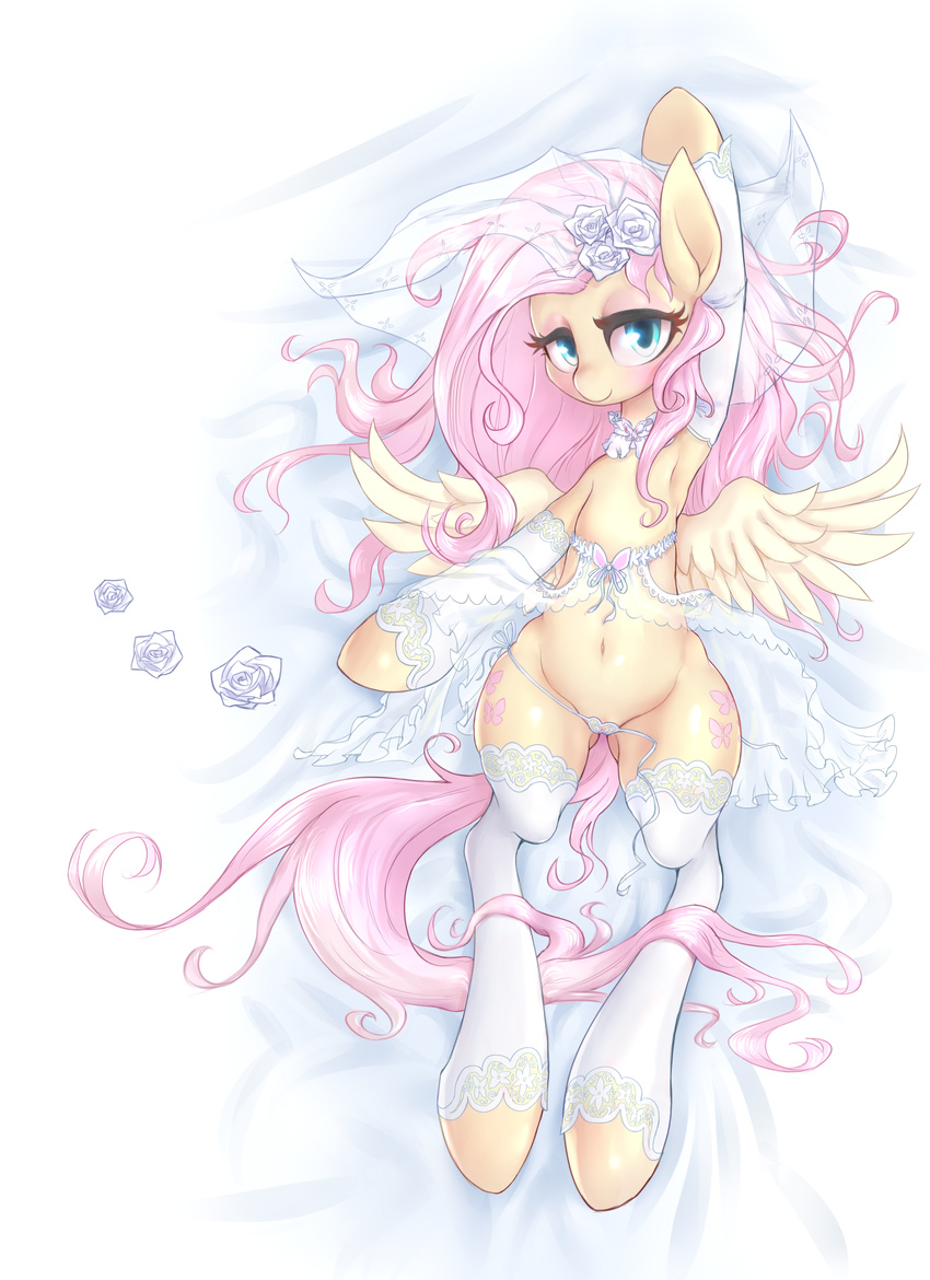 2015 absurd_res clothing cutie_mark equine female fluttershy_(mlp) friendship_is_magic hair hi_res legwear long_hair looking_at_viewer lying mammal mlpanon my_little_pony navel on_back pegasus pink_hair solo translucent transparent_clothing wings