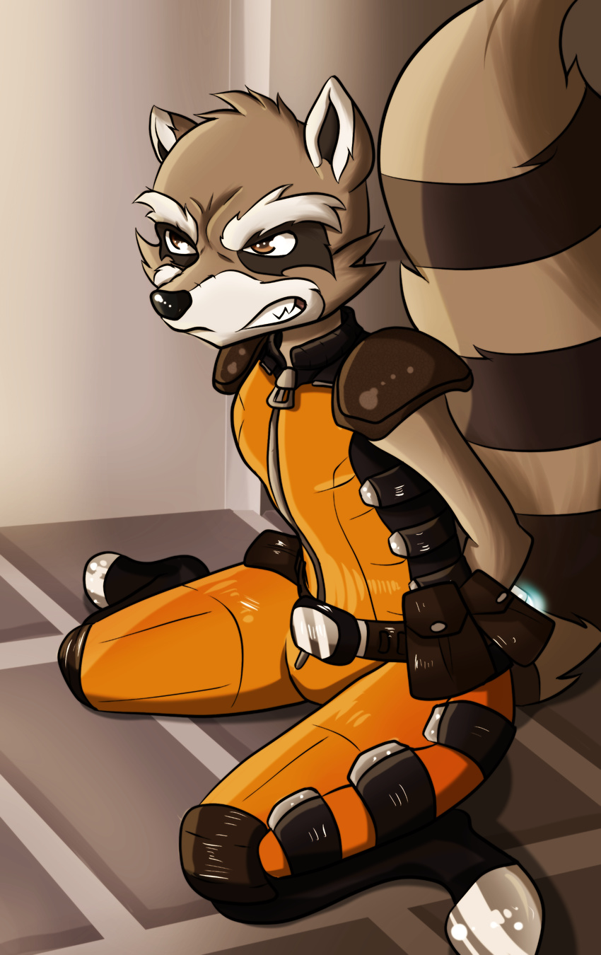 alternate_version_available angry anthro arms_tied bdsm bondage bound clothing collaboration digital_media_(artwork) fluffy_tail guardians_of_the_galaxy hands_behind_back inside joykill jumpsuit kneeling male mammal raccoon redfoxsoul rocket_raccoon snarling solo