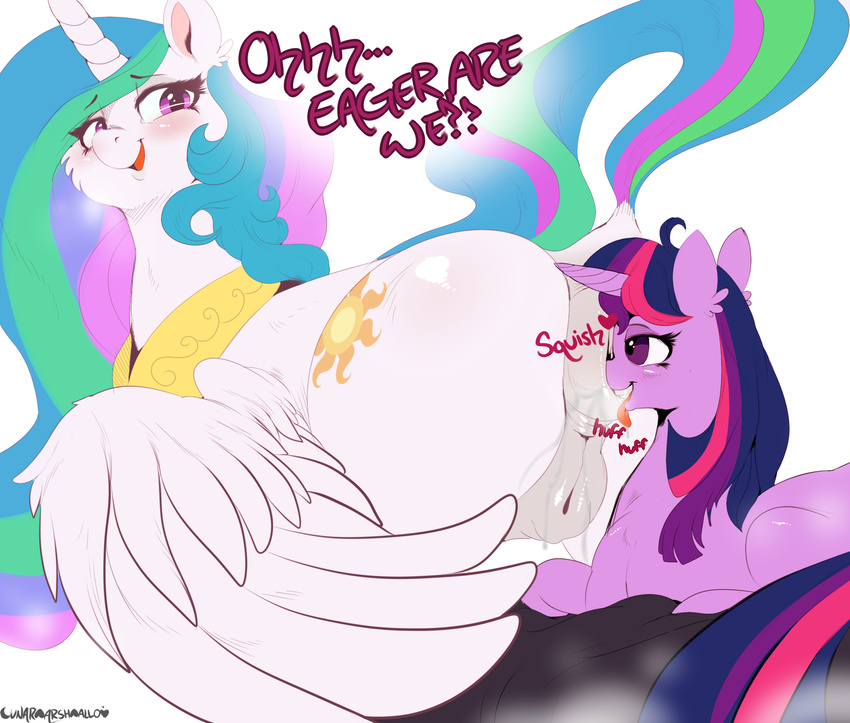 &lt;3 2015 anatomically_correct anatomically_correct_pussy animal_genitalia anus blush butt cutie_mark dialogue duo english_text equine equine_pussy feathered_wings feathers female female/female feral friendship_is_magic fur hair hi_res horn long_hair lunarmarshmallow mammal multicolored_hair my_little_pony open_mouth princess_celestia_(mlp) purple_fur pussy simple_background smile text tongue tongue_out twilight_sparkle_(mlp) white_background white_fur winged_unicorn wings