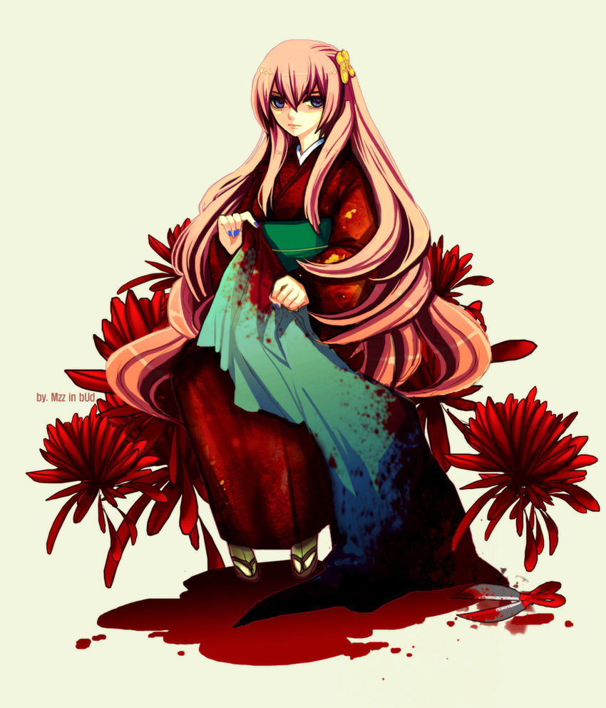 bad_id bad_pixiv_id blood blood_splatter blood_stain bloody_clothes blue_eyes blue_nails empty_eyes enbizaka_no_shitateya_(vocaloid) evillious_nendaiki flower frown highres japanese_clothes kimono long_hair megurine_luka mzz nail_polish obi sash serious solo sudou_kayo vocaloid