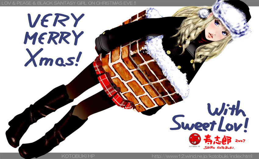 blonde_hair blue_eyes boots buttons chimney coat copyright_request earmuffs engrish gloves high_heels kotobuki_shiro pantyhose plaid plaid_skirt ranguage shoes skirt snow solo