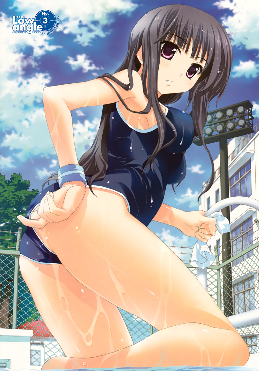 absurdres adjusting_clothes adjusting_swimsuit artbook ass black_hair breasts cloud day fujima_takuya highres impossible_clothes impossible_swimsuit large_breasts long_hair one-piece_swimsuit original purple_eyes scan sky solo swimsuit thighs water wet