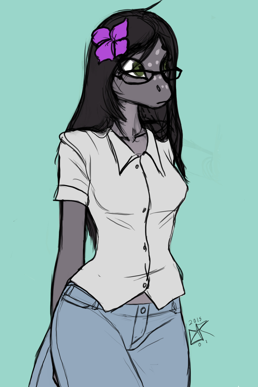 2015 anthro black_hair breasts clothed clothing eyewear female flower flower_in_hair gecko glasses green_eyes grey_skin hair ldr lizard long_hair plant reptile scalie solo the_assistant