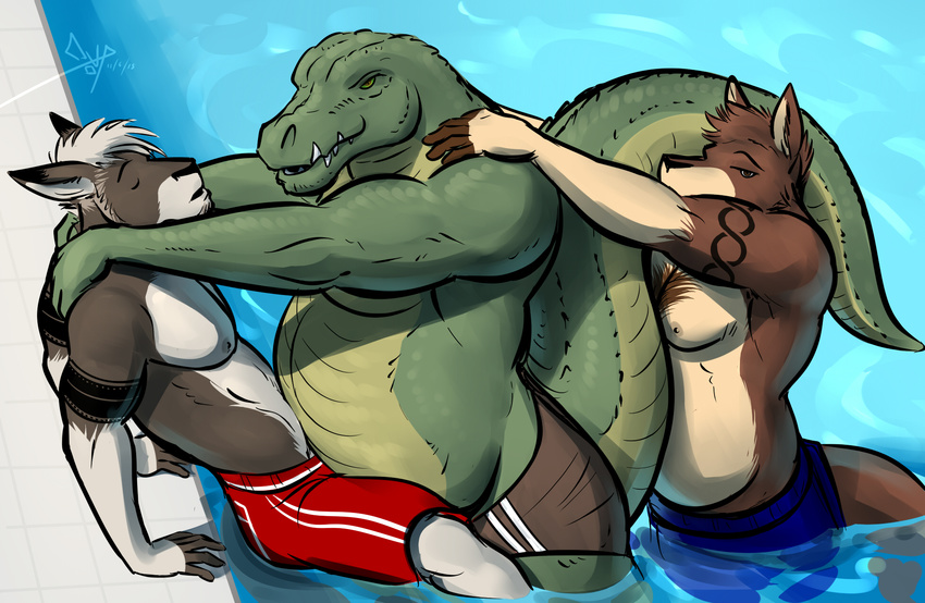 belly bgn chefbg chubby clothed clothing crocodile half-dressed kangaroo luxordtimet male mammal marsupial muscular overweight ozzy_(character) pecs reptile scalie speedo swimming_pool swimsuit sydney_o'connell topless victor_(character) water