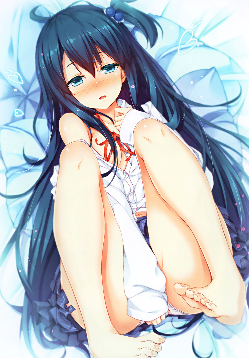 absurdres aqua_eyes barefoot bed blue_hair blush dress_shirt feet hair_bobbles hair_ornament half-closed_eyes highres knees_on_chest legs_up long_hair looking_at_viewer lying on_back one_side_up open_clothes open_mouth open_shirt panties rozea_(graphmelt) shirt skirt solo toes underwear very_long_hair