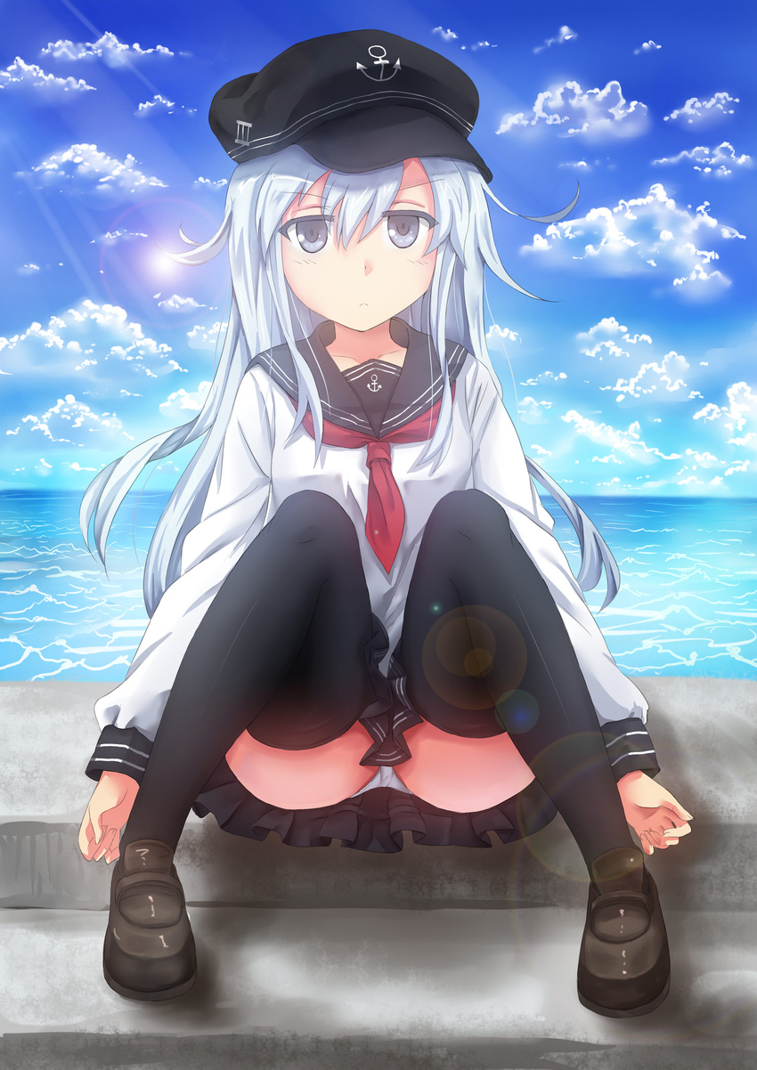 absurdres bad_id bad_pixiv_id blue_eyes hat hibiki_(kantai_collection) highres kantai_collection lens_flare loafers long_hair panties pantyshot pier school_uniform serafuku shoes silver_hair skirt solo sunlight thighhighs underwear yinzhai