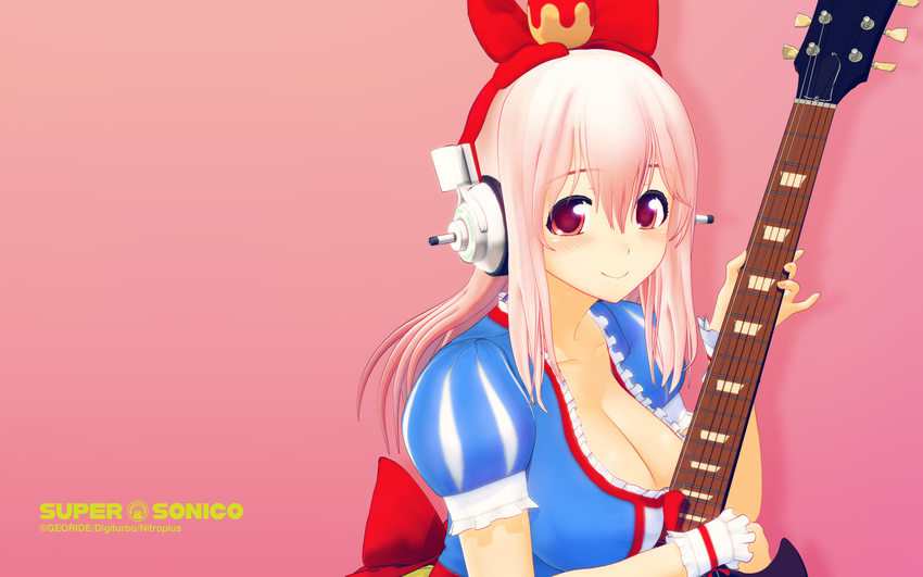 3d blush bow breasts guitar hair_bow headphones highres instrument large_breasts long_hair looking_at_viewer mascot nitroplus pink_hair puffy_sleeves red_eyes smile snow_white_and_the_seven_dwarfs solo super_sonico wallpaper