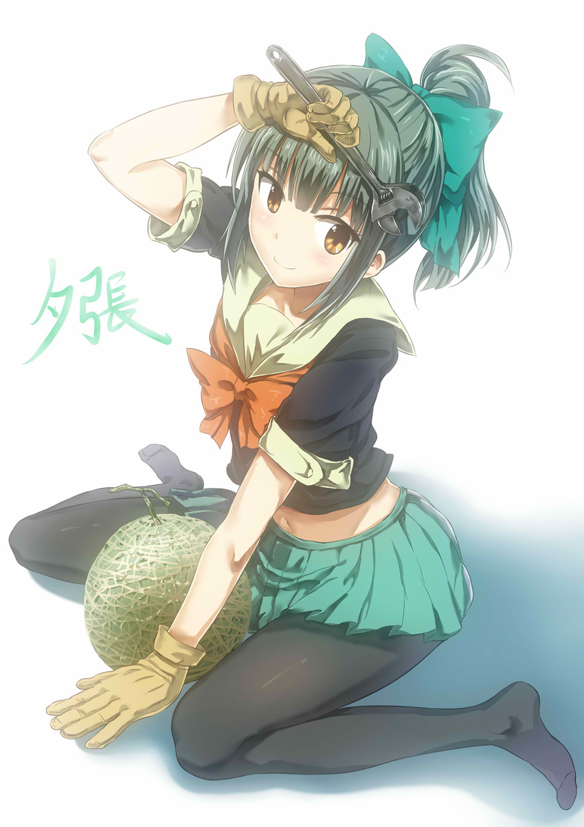 absurdres bad_id bad_pixiv_id bangs bow bowtie brown_eyes cantaloupe character_name crop_top food fruit gloves green_hair hair_bow highres kantai_collection long_hair pantyhose pleated_skirt ponytail school_uniform serafuku short_sleeves skirt smile solo wrench yinzhai yuubari_(kantai_collection)