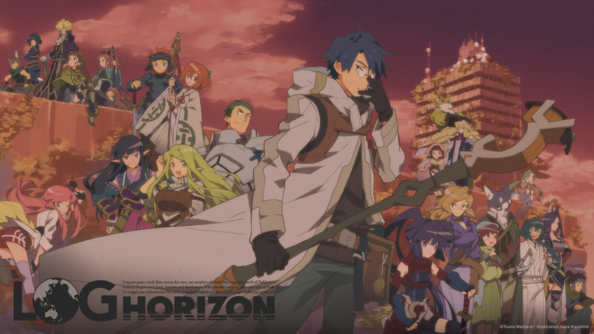 animal_ears armor blonde_hair blue_hair boots braid brown_eyes brown_hair cape dress fingerless_gloves flagrant_olive fox_ears glasses gloves hara_kazuhiro hat henrietta_(log_horizon) hien_(log_horizon) highres isami_(log_horizon) isuzu_(log_horizon) japanese_clothes kitsunesaru kurinon_(log_horizon) kushi_yatama log_horizon long_hair lunderhaus_cord marielle_(log_horizon) mini_hat mini_top_hat minori_(log_horizon) multiple_boys multiple_girls naotsugu_(log_horizon) nazuna_(log_horizon) nyanta_(log_horizon) official_art pink_hair ponytail purple_hair richou_(log_horizon) rieze_(log_horizon) serara shiroe short_hair shorts shouryuu_(log_horizon) soujirou_seta staff sword tetra_(log_horizon) thighhighs top_hat touya_(log_horizon) wallpaper weapon yellow_eyes yuzuko_(log_horizon)