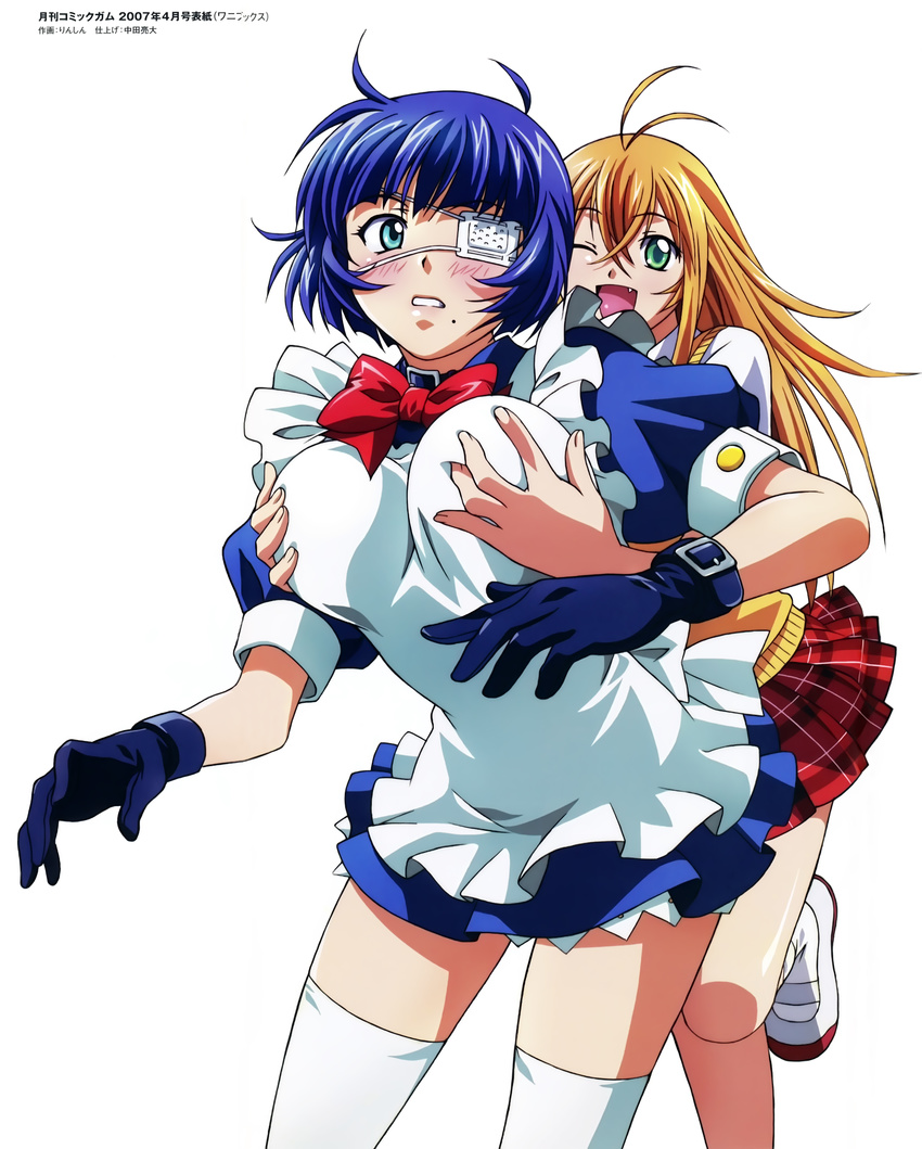 ;d absurdres ahoge antenna_hair blue_hair blush breasts eyepatch fang gloves green_eyes groping happy highres ikkitousen large_breasts long_hair maid mole mole_under_mouth multiple_girls official_art one_eye_closed open_mouth orange_hair parted_lips red_skirt rin-sin ryomou_shimei school_uniform shoes short_hair skirt smile sonsaku_hakufu surprised thighhighs uwabaki white_legwear