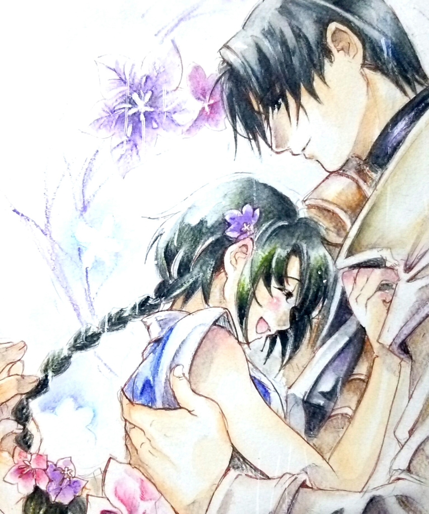 1girl black_hair braid closed_eyes couple flower graphite_(medium) hair_flower hair_ornament hand_on_another's_chest happy hetero highres hug looking_down makimachi_misao nijinohouseki rurouni_kenshin shinomori_aoshi short_hair single_braid smile traditional_media upper_body watercolor_(medium)