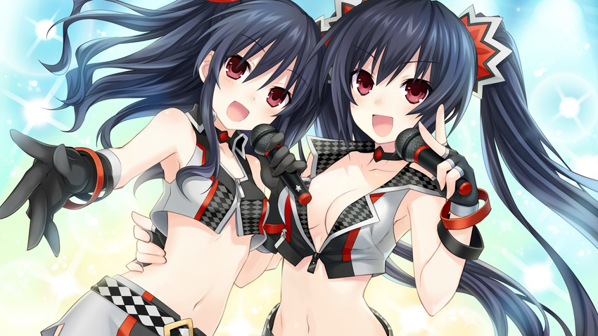 :d absurdres bangle belt black_gloves bracelet breasts cleavage collarbone fingerless_gloves game_cg gloves hair_ornament highres holding holding_microphone idol_clothes jewelry long_hair looking_at_viewer medium_breasts microphone midriff multiple_girls navel neptune_(series) noire non-web_source official_art open_mouth pencil_skirt siblings sisters skirt small_breasts smile sparkle star tsunako twintails two_side_up uni_(choujigen_game_neptune) v-shaped_eyebrows very_long_hair