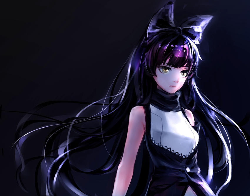 bad_id bad_pixiv_id bare_shoulders black_background black_hair black_scarf black_vest blake_belladonna bow hair_bow long_hair ookubo_akashi rwby scarf solo vest yellow_eyes