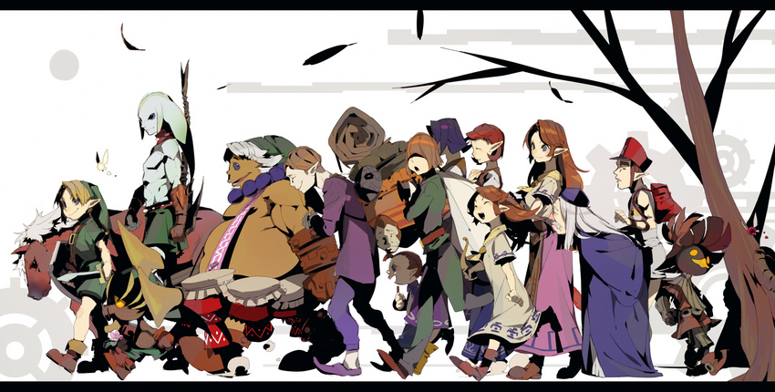 6+boys anju bombers bukurote cremia deku drum epona from_side goron happy_mask_salesman highres instrument kafei link mask multiple_boys multiple_girls multiple_persona pointy_ears postman_(zelda) romani_(zelda) skull_kid tael tatl the_legend_of_zelda the_legend_of_zelda:_majora's_mask walking young_link zora