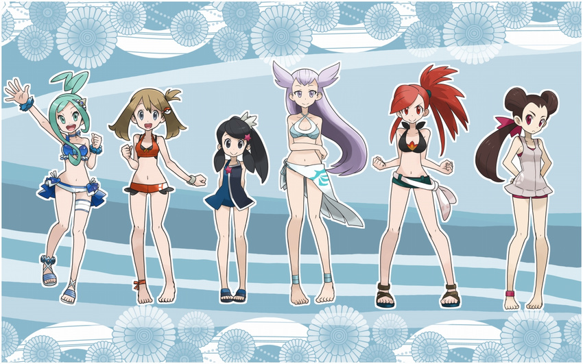 ankle_cuffs ankle_wrap anklet asuna_(pokemon) barefoot bikini black_eyes black_hair blue_eyes brown_eyes brown_hair commentary_request green_hair gym_leader haruka_(pokemon) jewelry long_hair looking_at_viewer lucia_(pokemon) mabu_(dorisuto) multiple_girls nagi_(pokemon) navel official_style one-piece_swimsuit open_mouth pokemon pokemon_(game) pokemon_oras purple_hair ran_(pokemon) red_eyes red_hair sandals short_shorts shorts skirt smile swimsuit tsutsuji_(pokemon) very_long_hair