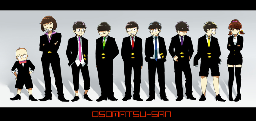 6+boys bangs black_footwear black_hair black_legwear blue_neckwear bow bowtie boy_sandwich brothers brown_eyes brown_hair buttons chibita copyright_name crossed_arms formal ghost_in_the_shell_lineup grin hair_ornament half-closed_eyes hand_in_pocket hand_on_hip hands_in_pockets high_heels iyami jacket kuuya_(akagane001) letterboxed lineup long_sleeves looking_at_another matsuno_choromatsu matsuno_ichimatsu matsuno_juushimatsu matsuno_karamatsu matsuno_osomatsu matsuno_todomatsu miniskirt multiple_boys necktie osomatsu-kun osomatsu-san pants pants_rolled_up pencil_skirt pink_neckwear purple_neckwear purple_shirt red_bow red_neckwear sandwiched sextuplets shadow shirt shoes shorts siblings skirt sleeves_folded_up sleeves_past_wrists smile smirk suit swept_bangs teeth thighhighs white_shirt yellow_neckwear yowai_totoko