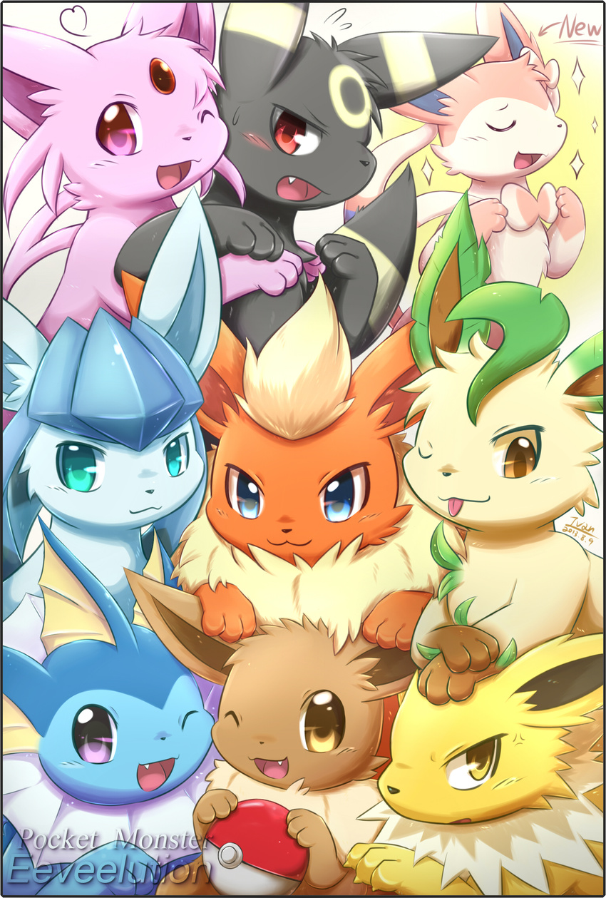 blue_eyes brown_eyes closed_eyes eevee espeon flareon gen_1_pokemon gen_2_pokemon gen_4_pokemon gen_6_pokemon glaceon heart highres ivan_(ffxazq) jolteon leafeon looking_at_viewer no_humans one_eye_closed open_mouth pink_eyes poke_ball pokemon pokemon_(creature) purple_eyes red_eyes smile sylveon umbreon vaporeon yellow_eyes
