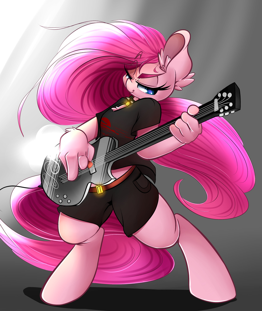 2015 absurd_res anthro anthrofied clothed clothing earth_pony electric_guitar equine female friendship_is_magic fur hair half-closed_eyes hi_res holding horse long_hair madacon mammal musical_instrument my_little_pony pink_fur pink_hair pinkamena_(mlp) pinkie_pie_(mlp) pony shirt shorts solo