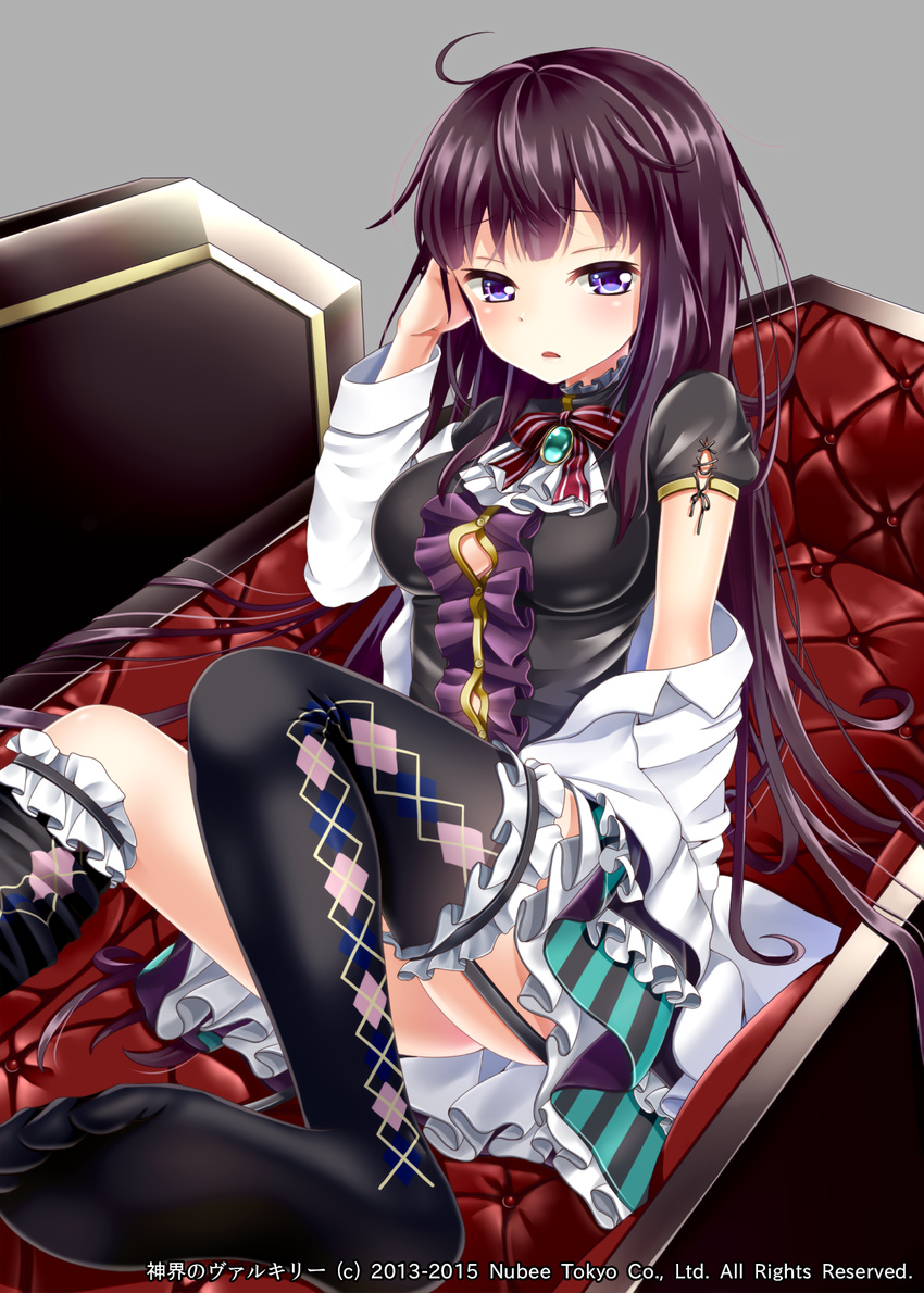 ahoge argyle argyle_legwear black_shirt blush bow bowtie breasts coffin emerald feet frills garter_straps gem green_skirt hakuda_tofu hand_in_hair highres jewelry kneehighs labcoat long_hair long_sleeves looking_at_viewer medium_breasts off_shoulder parted_lips purple_eyes purple_hair red_bow red_neckwear shinkai_no_valkyrie shirt sitting skirt solo striped thighhighs vertical-striped_skirt vertical_stripes very_long_hair zettai_ryouiki