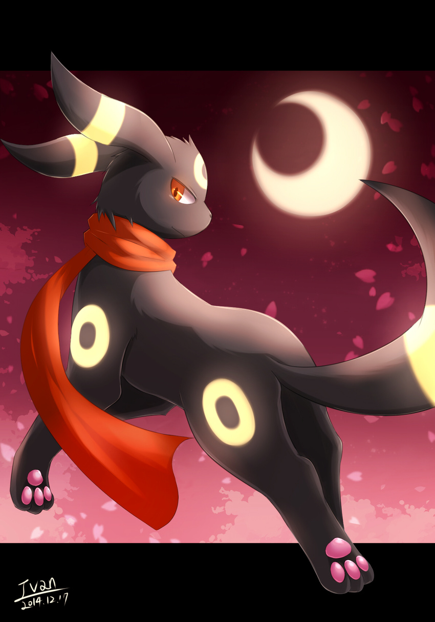 artist_name clothed_pokemon dated gen_2_pokemon highres ivan_(ffxazq) letterboxed looking_at_viewer looking_back moon no_humans petals pokemon pokemon_(creature) scarf solo umbreon