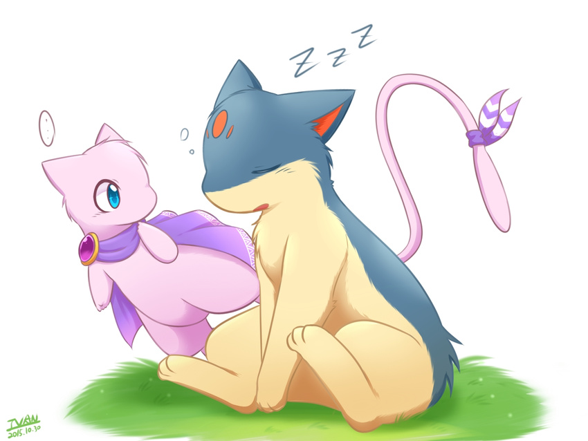 2015 blue_eyes closed_eyes clothed_pokemon dated gen_1_pokemon gen_2_pokemon ivan_(ffxazq) legendary_pokemon mew no_humans pokemon pokemon_(creature) quilava simple_background sleeping white_background zzz