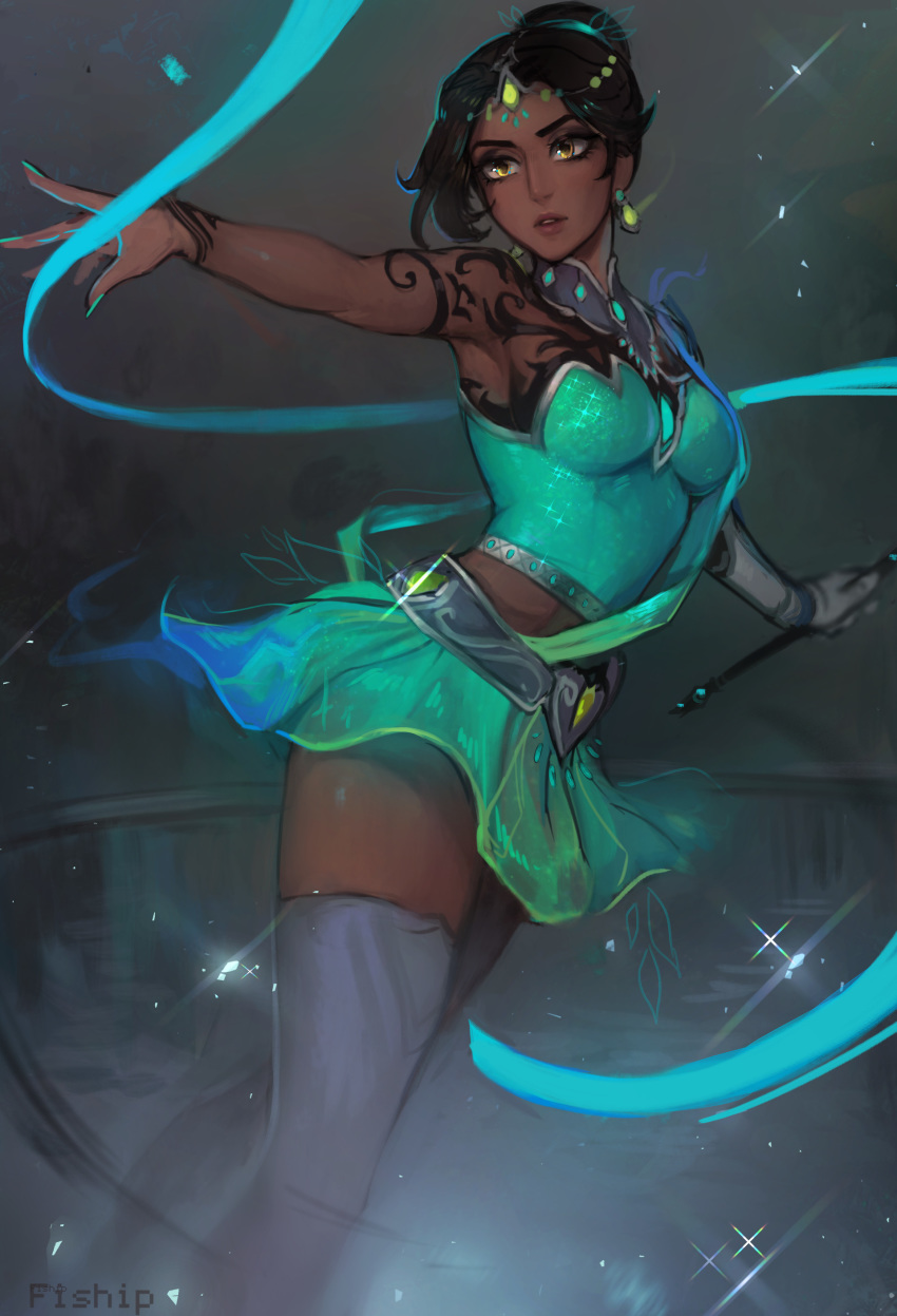 absurdres aqua_nails armpits artist_name bare_shoulders black_hair commentary dark_skin earrings figure_skater_symmetra gloves green_skirt hair_bun highres jewelry looking_away matilda_vin nail_polish outstretched_arm overwatch parted_lips short_hair single_glove skirt solo sparkle symmetra_(overwatch) tattoo thighhighs wand white_gloves white_legwear yellow_eyes