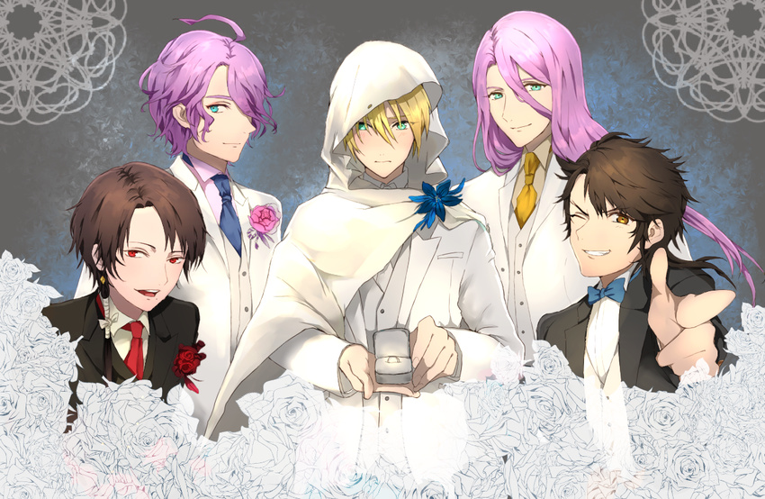 aqua_eyes bad_id bad_pixiv_id blonde_hair blue_eyes blush boutonniere bow bowtie brown_eyes brown_hair flower formal grin hachisuka_kotetsu hood jewelry kasen_kanesada kashuu_kiyomitsu male_focus mole mole_under_mouth multiple_boys mutsu-no-kami_yoshiyuki necktie one_eye_closed open_mouth pachinnn ponytail proposal purple_hair red_flower red_rose ring rose smile suit touken_ranbu wedding_band white_flower white_rose yamanbagiri_kunihiro