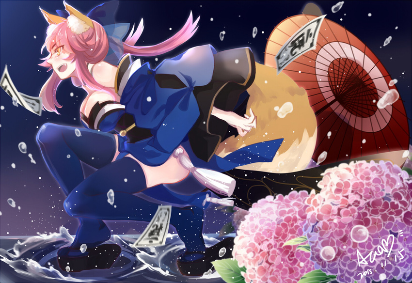 animal_ears bare_shoulders blue_legwear bow breasts cleavage dated detached_sleeves fang fate/extra fate_(series) flower fox_ears fox_tail hair_bow hair_ribbon japanese_clothes large_breasts long_hair ofuda open_mouth pink_hair puyue ribbon siddham signature solo tail tamamo_(fate)_(all) tamamo_no_mae_(fate) thighhighs twintails umbrella water yellow_eyes