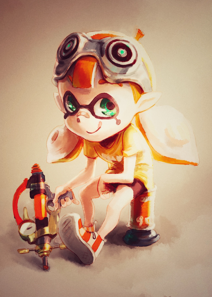 bandaid big_head bike_shorts domino_mask goggles highres inkling long_hair mask pointy_ears smile solo splash-o-matic_(splatoon) splatoon_(series) splatoon_1 suction_bomb_(splatoon) takuzou tentacle_hair