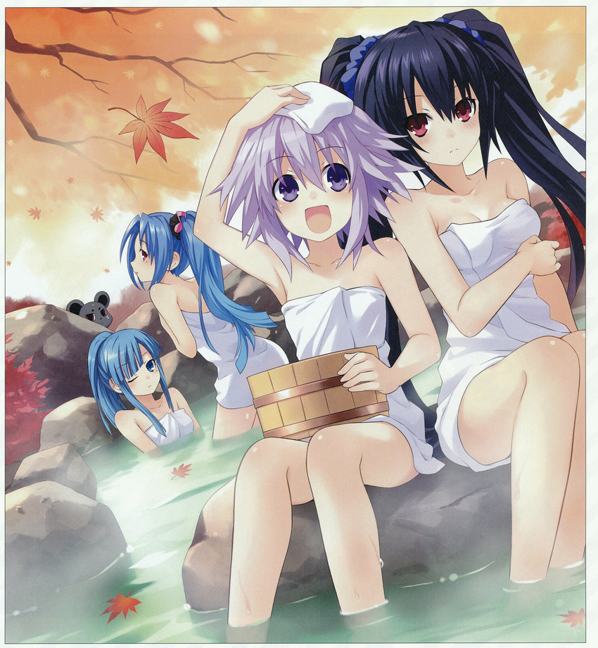 5pb_(choujigen_game_neptune) :d alternate_hairstyle arm_up autumn black_hair blue_hair blush braid breasts bucket choujigen_game_neptune collarbone dutch_angle hair_ornament hair_scrunchie hand_on_own_head highres leaf long_hair mages. maple_leaf medium_breasts mole mole_under_eye mouse multiple_girls naked_towel neptune_(choujigen_game_neptune) neptune_(series) noire non-web_source official_art one_eye_closed onsen open_mouth partially_submerged peeking_out pink_eyes ponytail profile purple_eyes purple_hair red_eyes scan scrunchie side_ponytail sidelocks sitting small_breasts smile soaking_feet towel towel_on_head tree_branch tsunako twintails very_long_hair warechu water wooden_bucket