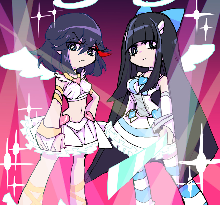 angel_wings black_hair commentary_request cosplay creator_connection cross-laced_legwear dress frills halo kill_la_kill kiryuuin_satsuki left-handed long_hair matoi_ryuuko midriff multiple_girls navel panty_&amp;_stocking_with_garterbelt panty_(psg) panty_(psg)_(cosplay) parody short_hair stocking_(psg) stocking_(psg)_(cosplay) striped striped_legwear style_parody sword thighhighs trait_connection weapon wings yunkru