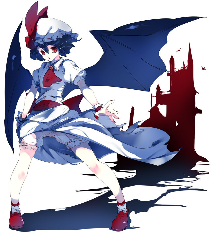 ascot bat_wings bloomers blue_hair bow brooch dress dress_lift full_body hat hat_bow highres ikurauni jewelry looking_up mob_cap nail_polish open_hand puffy_short_sleeves puffy_sleeves red_eyes red_footwear red_nails remilia_scarlet ribbon-trimmed_bloomers scarlet_devil_mansion serious shadow shoes short_sleeves simple_background socks solo spread_legs stance touhou underwear white_background white_dress white_legwear wind wings wrist_cuffs