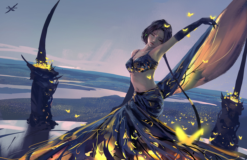 arm_up ass bad_id bad_pixiv_id bangs bikini_top black-haired_girl_(wlop) black_eyes black_hair butterfly_on_hand dancing dutch_angle earrings ghostblade gloves half-closed_eyes head_tilt highres jewelry long_hair long_skirt midriff navel night night_sky outdoors parted_bangs river sketch skirt sky sleeveless solo very_long_hair wlop