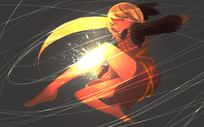 action barefoot black_shirt blonde_hair bow brown_dress dress full_body glowing glowing_eyes grey_background hair_bow kemeko kurodani_yamame legs long_ponytail long_sleeves looking_at_viewer red_eyes reflective_eyes serious shirt short_hair silk simple_background sleeveless sleeveless_dress solo spider_web thighs thread touhou wallpaper yellow_eyes