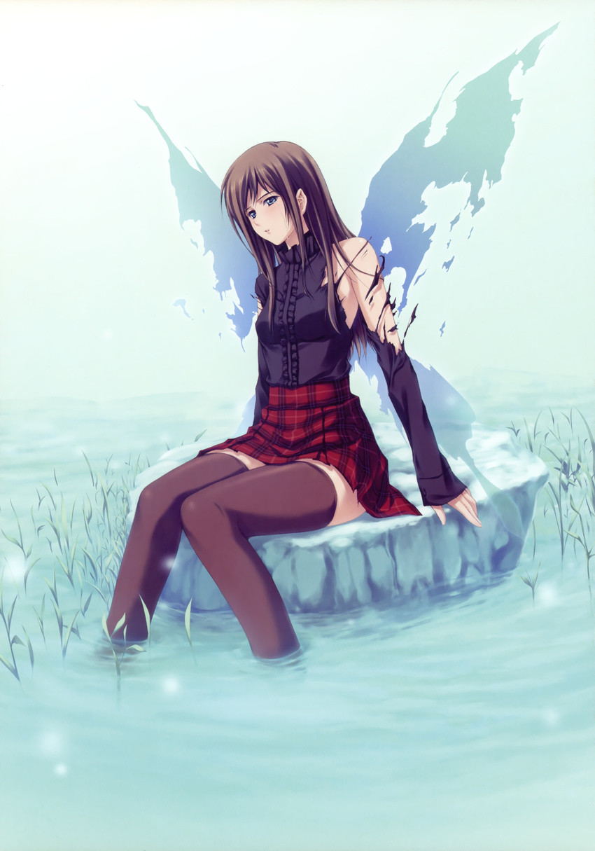 absurdres black_legwear blue_eyes brown_hair center_frills highres long_hair outdoors parted_lips pp:_pianissimo red_skirt shirakawa_ayane sitting skirt soaking_feet solo sugina_miki tears thighhighs torn_clothes water wings