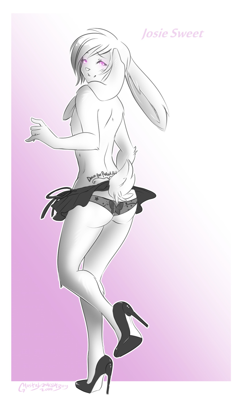 anthro clothed clothing crossdressing fur ghostblanketboy girly half-dressed high_heels josie_sweet lagomorph looking_at_viewer looking_back male mammal panties pink_eyes rabbit skirt topless underwear white_fur