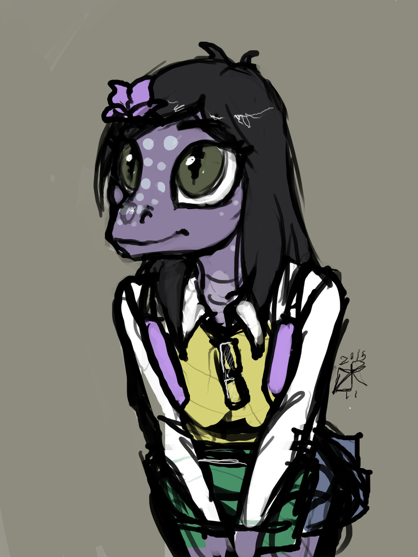 2015 aged_down anthro black_hair bow brown_eyes clothed clothing cute eyewear female flower flower_in_hair gecko glasses hair ldr lizard plant reptile scalie school_uniform sketch smile solo the_assistant uniform young