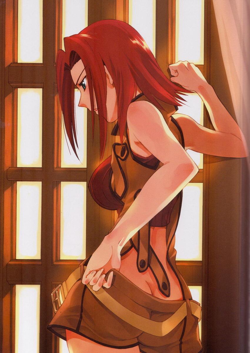 absurdres artist_request ass bare_shoulders belt butt_crack code_geass curtains highres kallen_stadtfeld non-web_source red_hair scan shorts sleeveless sleeveless_turtleneck solo turtleneck undressing