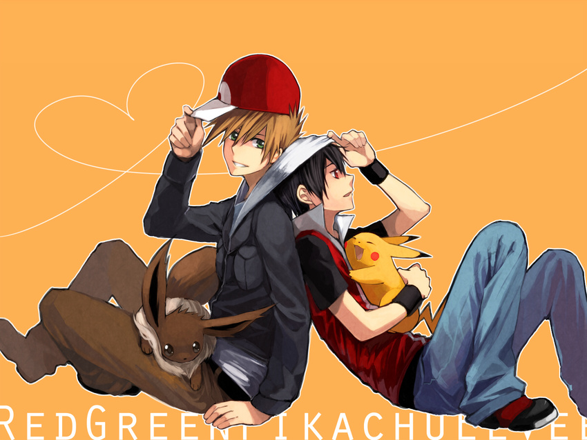 ^_^ arm_at_side back-to-back bad_id bad_pixiv_id baseball_cap black_hair black_jacket blue_pants borrowed_garments breast_pocket brown_hair brown_pants character_name closed_eyes copyright_name eevee from_side gen_1_pokemon green_eyes hand_on_headwear hat heart heart_background heart_of_string hood jacket knees_up leaning_back leaning_on_person long_sleeves looking_at_viewer male_focus multiple_boys obo ookido_green orange_background outline pants pikachu pixiv_red pocket pokemon pokemon_(creature) pokemon_(game) pokemon_hgss profile red_(pokemon) red_eyes red_footwear red_hat shoes sitting smile white_outline wristband