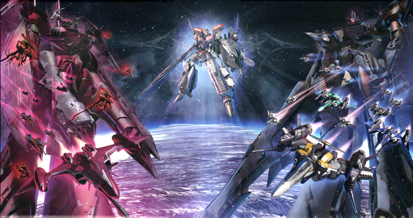 airplane artist_request battle battle_frontier battle_galaxy battleship epic highres jet macross macross_frontier macross_galaxy macross_quarter mecha military military_vehicle n.u.n.s. no_humans planet s.m.s. ship space space_craft spoilers storm_attacker v-9 vajra variable_fighter vf-25 vf-27 warship watercraft