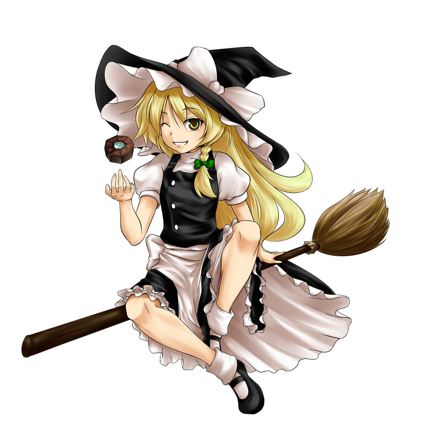 bad_id bad_pixiv_id blonde_hair bow braid broom copycat_(dryfood) full_body hat highres kirisame_marisa long_hair mini-hakkero one_eye_closed ribbon smile solo touhou transparent_background witch_hat yellow_eyes