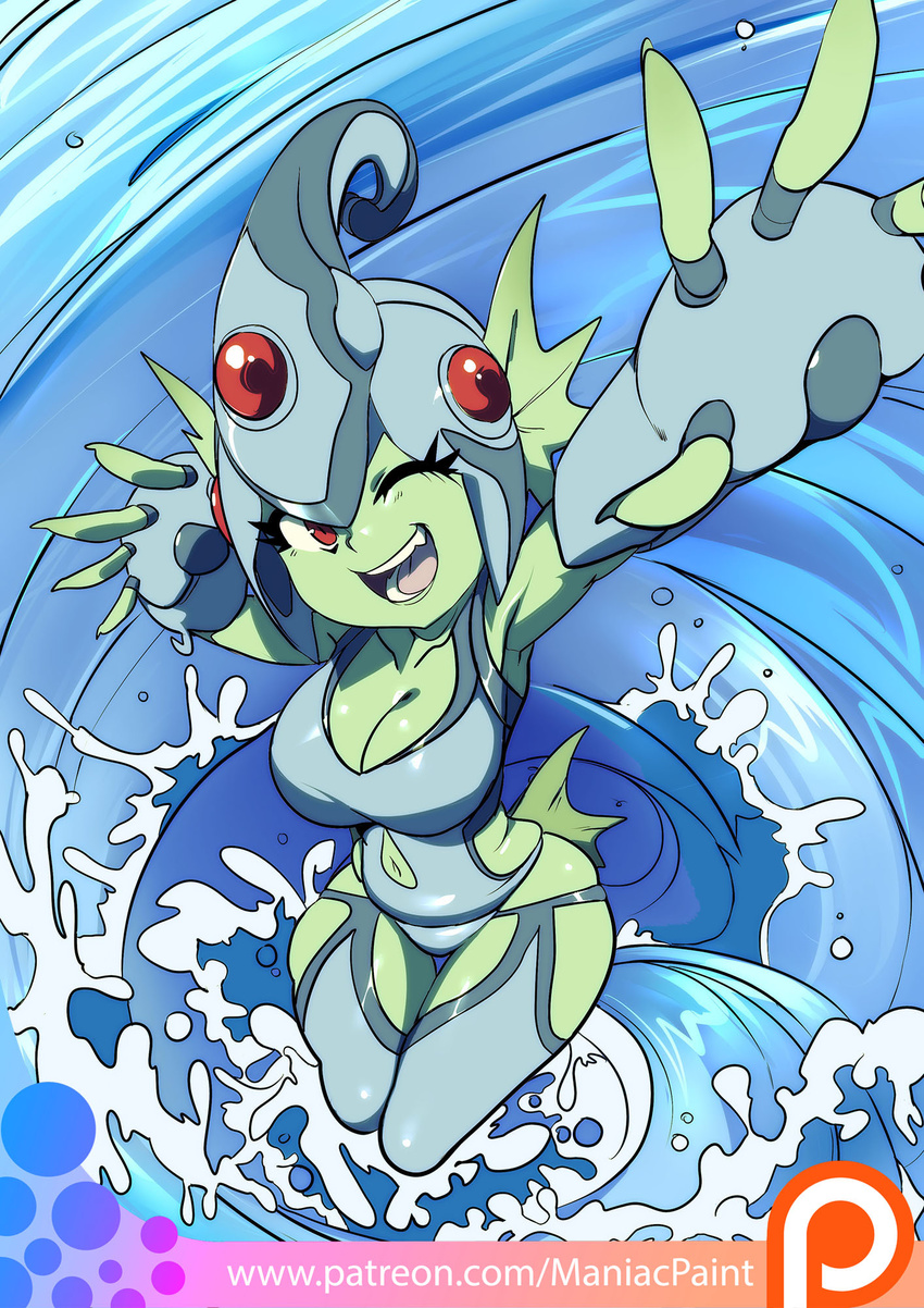 armpits breasts chibby cleavage clothed clothing digimon digimon_frontier female fingerless_floves green_skin headgear looking_at_viewer maniacpaint monster_girl navel navel_cutout oddmachine perspective ranamon red_eyes solo water whirlpool wide_hips wink