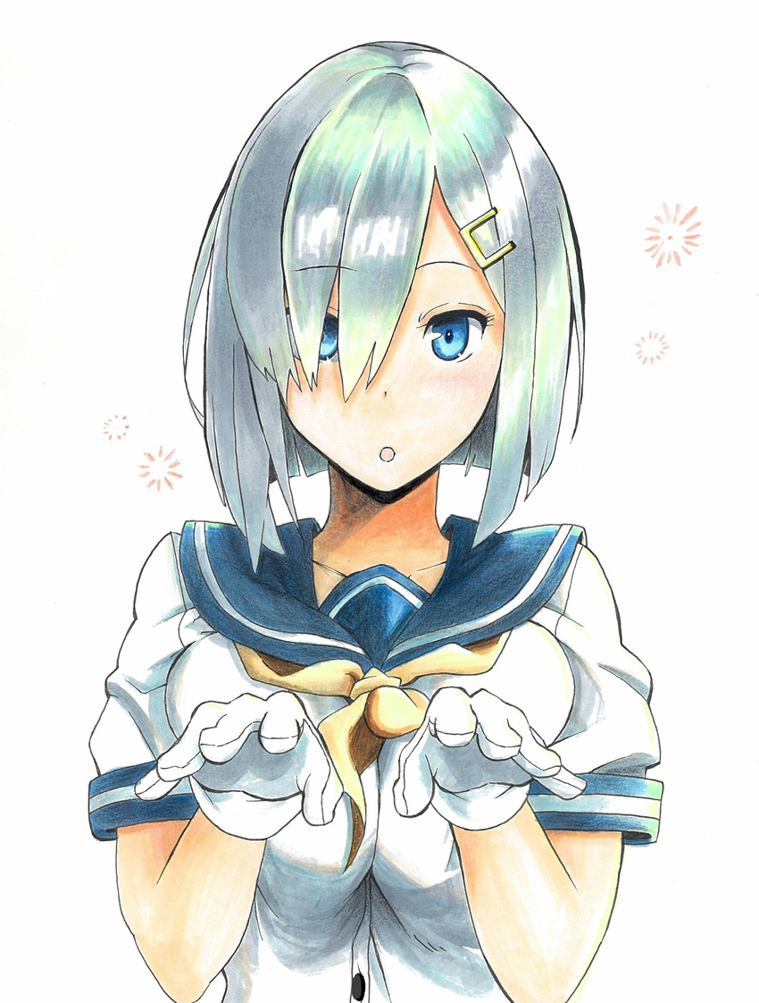 :o absurdres blue_eyes breast_squeeze breasts gloves hair_ornament hair_over_one_eye hairclip hamakaze_(kantai_collection) highres kantai_collection large_breasts looking_at_viewer marker_(medium) school_uniform short_hair silver_hair solo toppoco traditional_media upper_body white_gloves