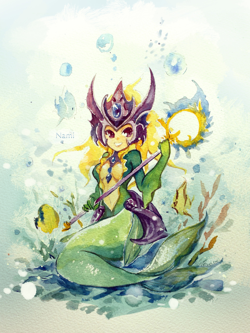 aa2233a absurdres character_name headpiece highres league_of_legends mermaid monster_girl nami_(league_of_legends) red_eyes scales seashell shell solo staff traditional_media watercolor_(medium)