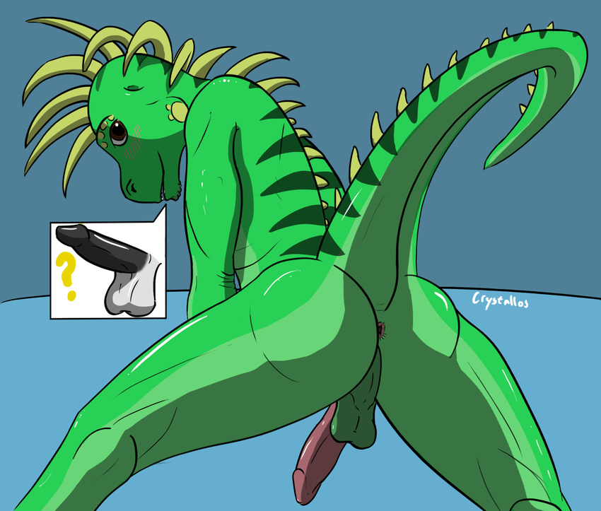 anthro anus balls blush butt crystallos erection iguana lizard looking_at_viewer male nude open_mouth penis pinup pose reptile scalie simple_background solo