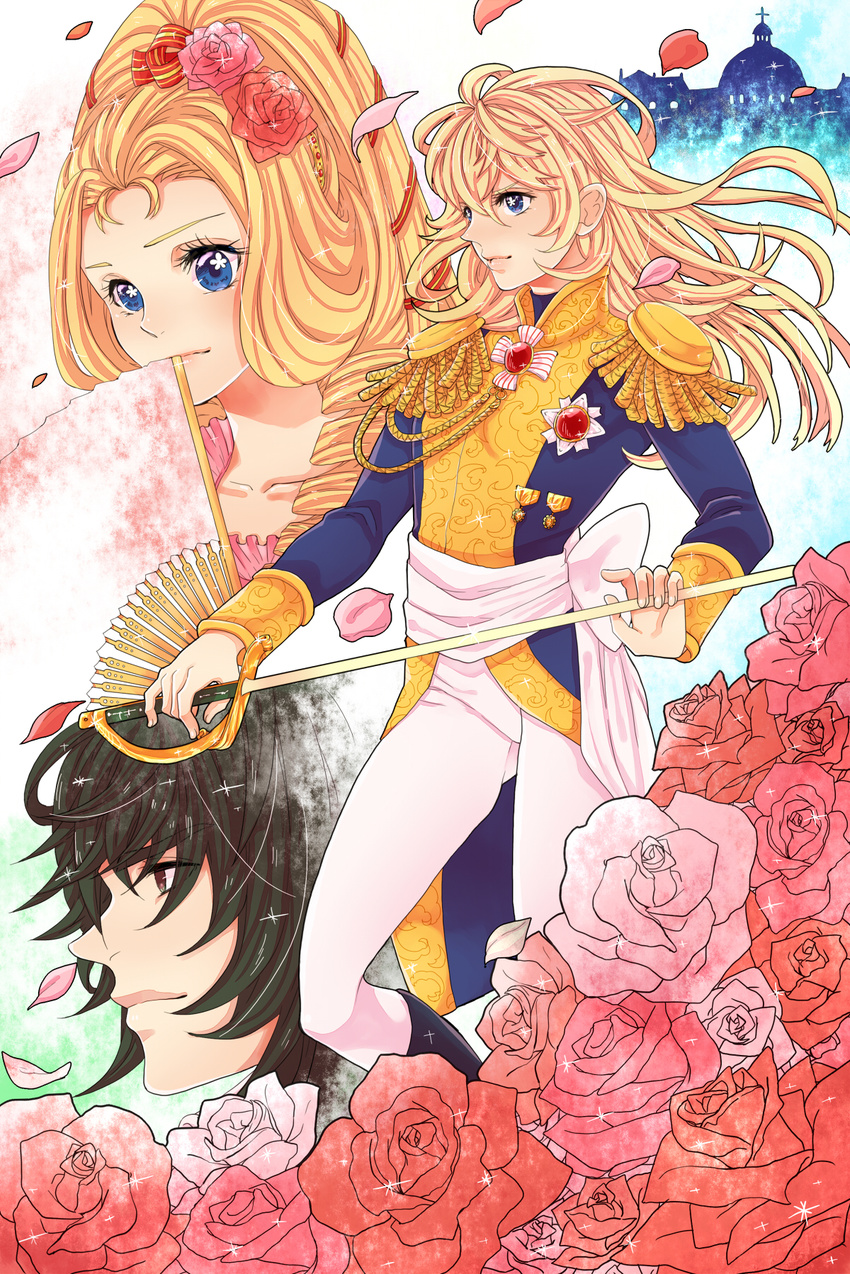 2girls aiguillette andre_grandier blonde_hair drill_hair epaulettes fan flower hair_flower hair_ornament highres marie_antoinette_(versailles_no_bara) matano_maya military military_uniform multiple_girls oscar_francois_de_jarjayes pants petals rapier red_flower red_rose rose rose_petals sword uniform versailles_no_bara weapon white_pants