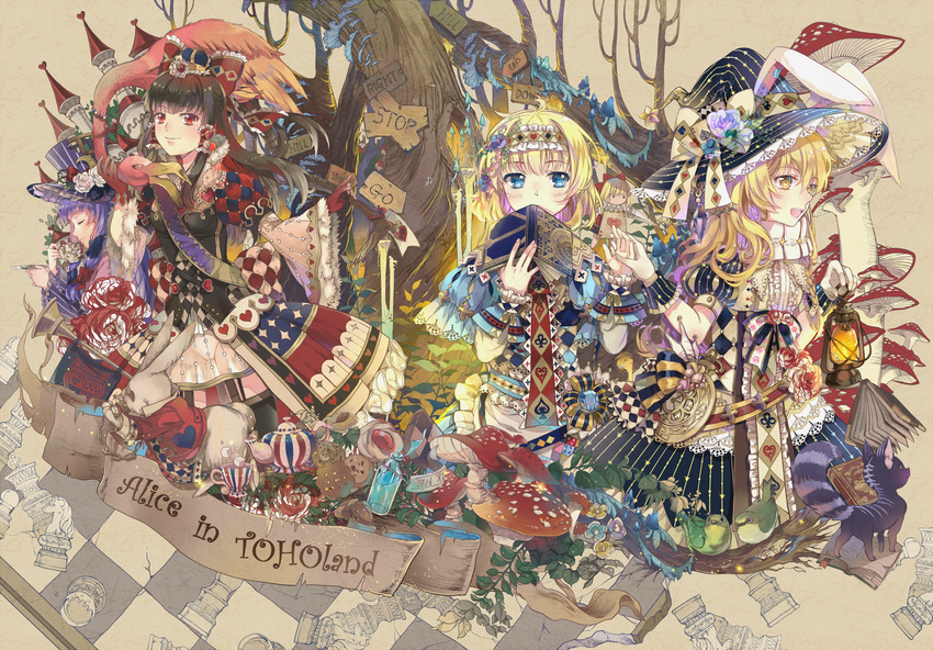 :d alice_(wonderland) alice_(wonderland)_(cosplay) alice_in_wonderland alice_margatroid animal animal_ears apron argyle ass_visible_through_thighs bad_id bad_pixiv_id bangs beige_background belt bird black_hair black_legwear blonde_hair blue_bow blue_dress blue_eyes blush book bottle bow broken brown_hair bunny bunny_ears capelet card castle cat chain checkered cheshire_cat chess_piece chessboard closed_eyes closed_mouth club_(shape) cookie cosplay covering_mouth crescent cross cross-laced_clothes crown cup diamond_(shape) doll dress drink drink_me_potion ekita_xuan eyebrows eyebrows_visible_through_hair flag flower fly_agaric food fur_trim garter_straps gem gloves hair_bow hair_flower hair_ornament hair_tubes hairband hakurei_reimu hat hat_flower hat_ribbon heart highres holding holding_book holding_cup holding_hands kerosene_lamp kirisame_marisa lace-trimmed_sleeves long_hair long_sleeves looking_at_viewer mad_hatter mad_hatter_(cosplay) multi-tied_hair multicolored_bow multicolored_hair multiple_girls mushroom neck_ruff open_book open_mouth panties patchouli_knowledge plant plate pocket_watch polearm puffy_short_sleeves puffy_sleeves purple_hair purple_hat queen_of_hearts queen_of_hearts_(cosplay) red_bow red_eyes red_gloves red_hair red_ribbon ribbon rose saucer see-through shanghai_doll short_sleeves sidelocks smile spade_(shape) star striped striped_bow striped_hat sugar_cube tea_set teacup teapot teeth text_focus top_hat torn_clothes torn_hat touhou tree underwear vines waist_apron watch weapon white_panties white_rabbit white_rabbit_(cosplay) wide_sleeves witch_hat wrist_cuffs yellow_eyes